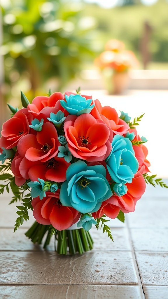 A bouquet featuring vibrant coral and turquoise flowers in a sunny outdoor setting.