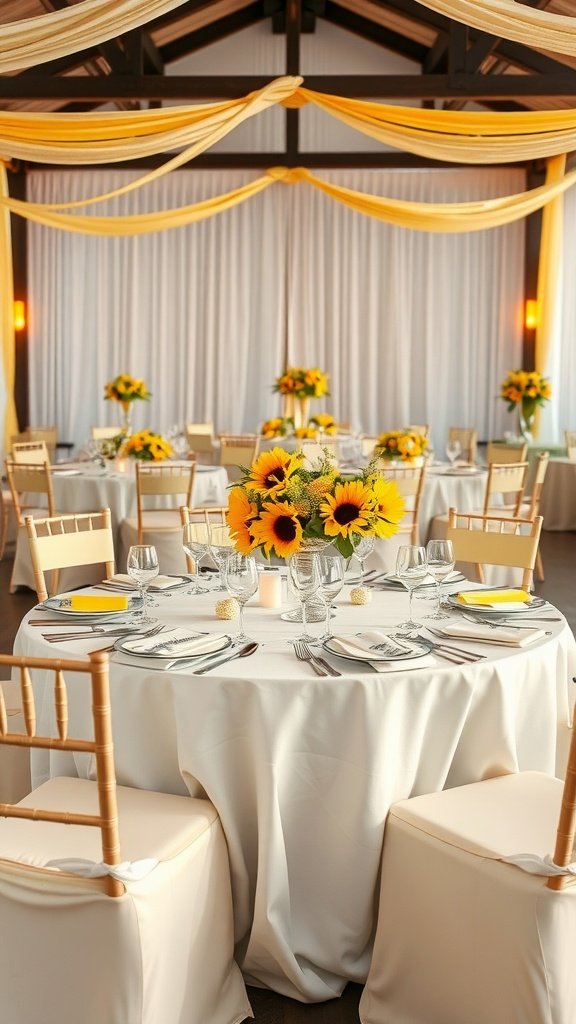 Table setting with yellow flowers and gray decorations for a spring wedding.