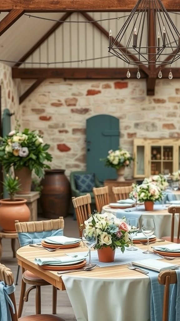 A beautifully arranged wedding table featuring earthy terracotta and dusty blue colors