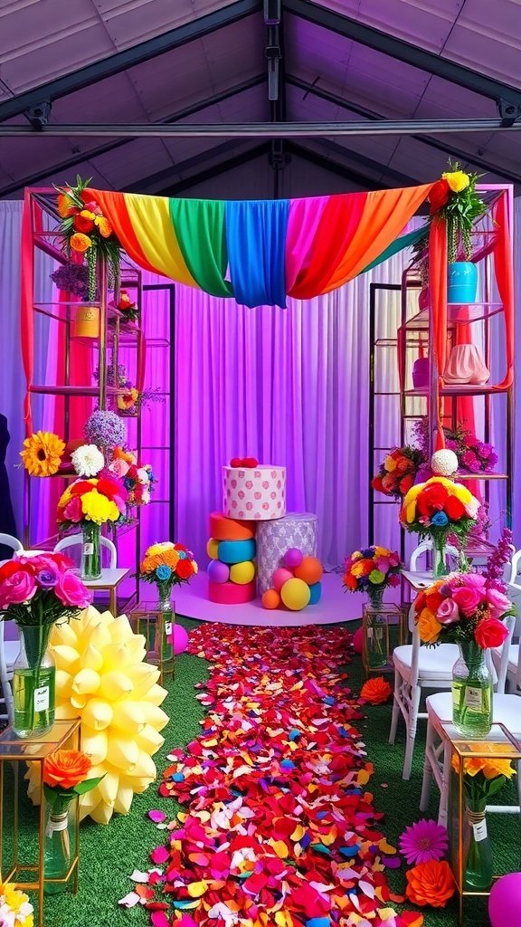 Colorful wedding setup featuring rainbow decorations and vibrant flowers.