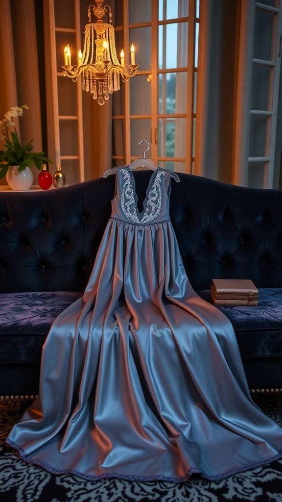 A sleek slip dress hanging elegantly on a black sofa with a chandelier in the background.