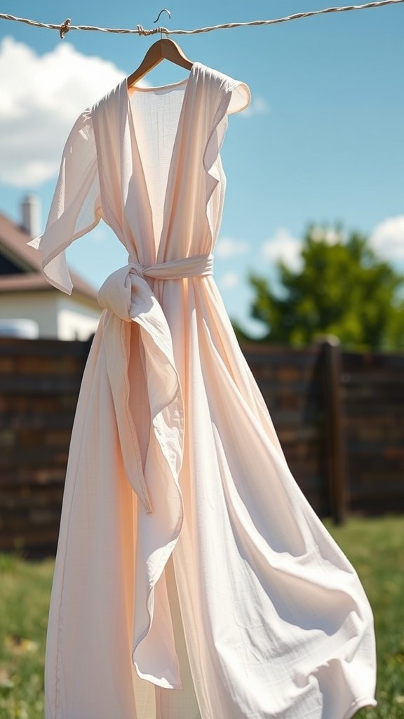 A lightweight wrap dress hanging on a clothesline with a blue sky in the background.