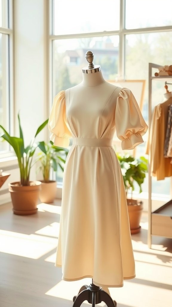 A chic midi dress with puff sleeves displayed on a mannequin in a bright room.