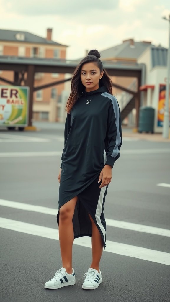 A model wearing a sporty chic dress with sneakers in an urban setting.