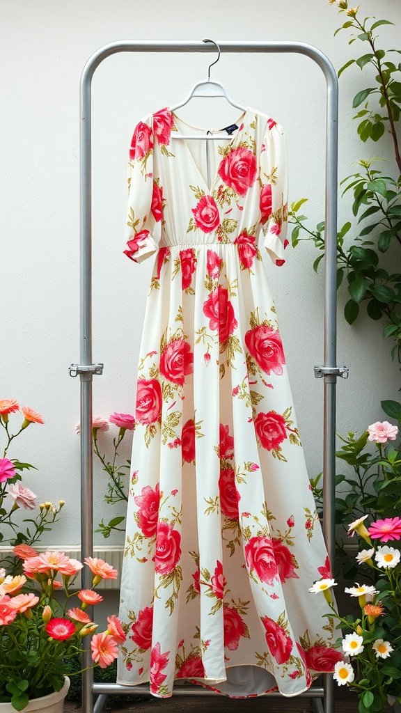 A floral maxi dress hanging on a rack with colorful flowers in the background.