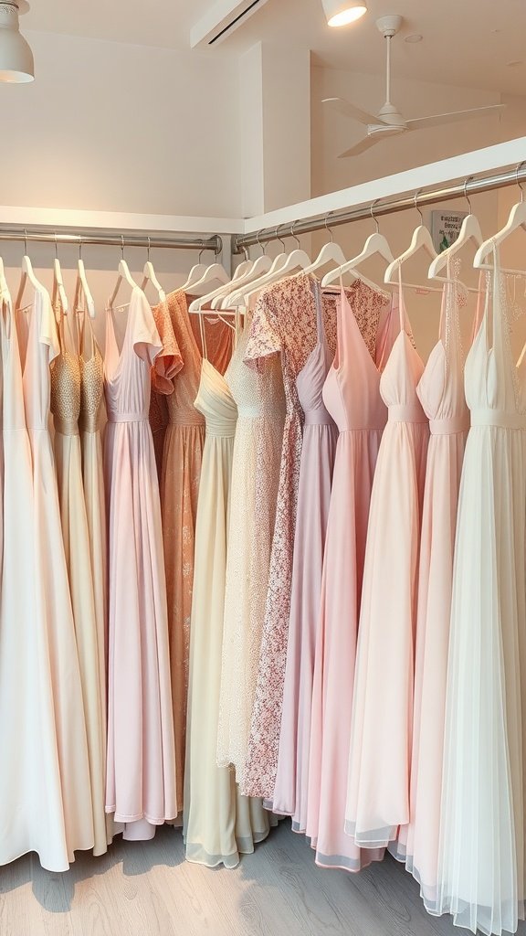A collection of pastel colored dresses hanging on display.