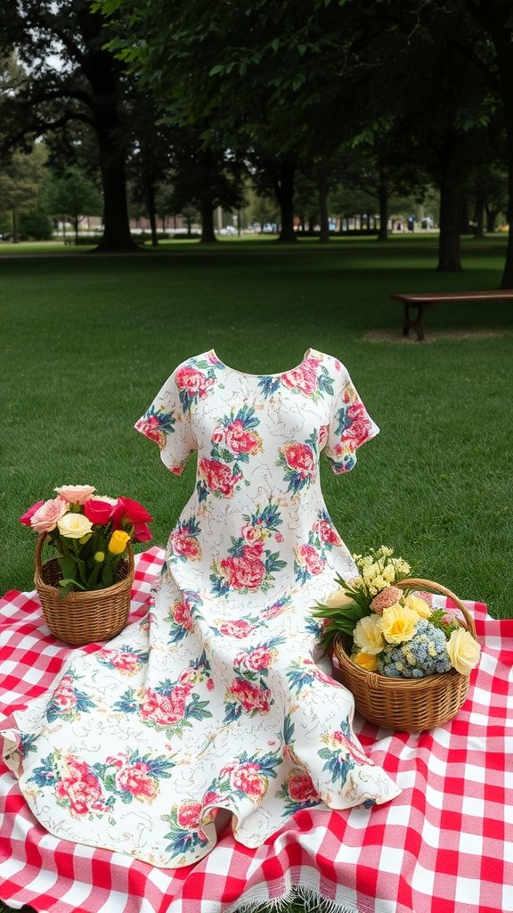 A floral printed shift dress displayed on a picnic blanket surrounded by baskets of flowers.