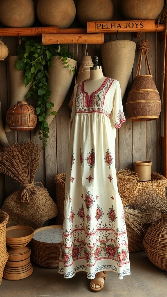 A beautiful embroidered bohemian dress displayed against a cozy background.
