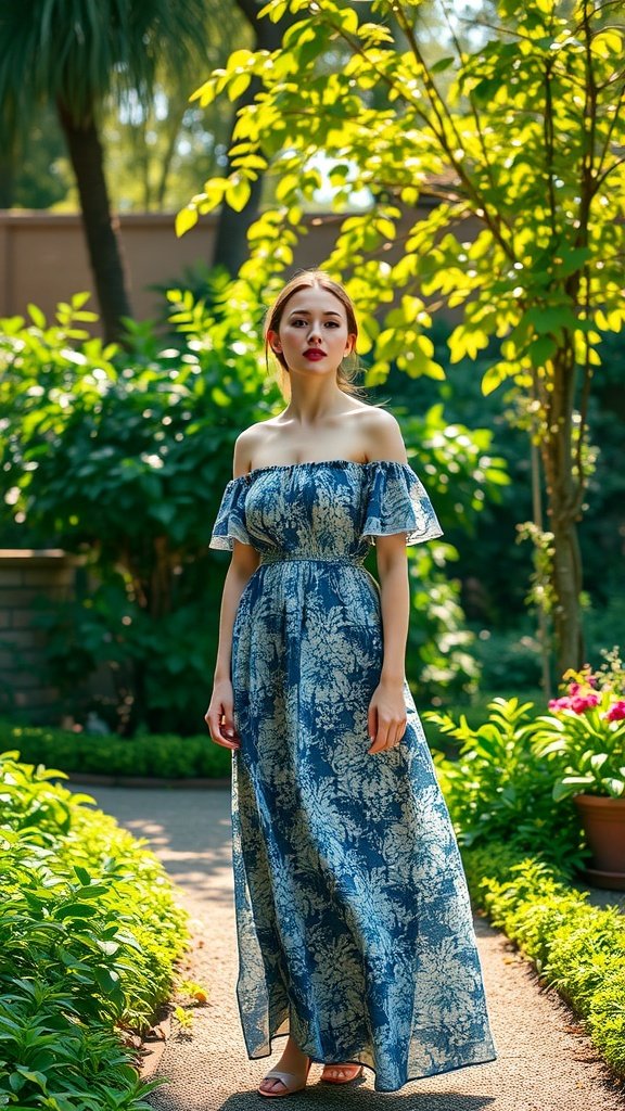 A woman in an off-the-shoulder dress standing in a lush garden.