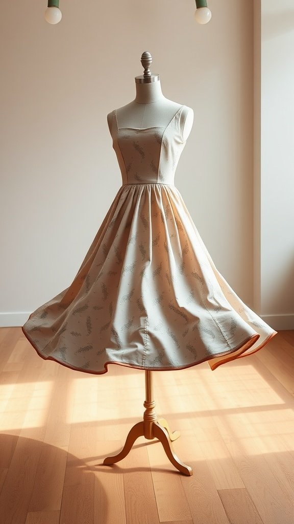 A stylish tea-length dress on a mannequin, featuring subtle patterns and a flattering silhouette.
