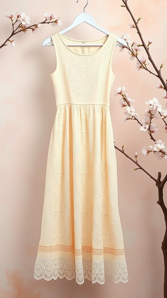 A lace accented A-line dress hanging against a soft pastel background with blossoming branches.