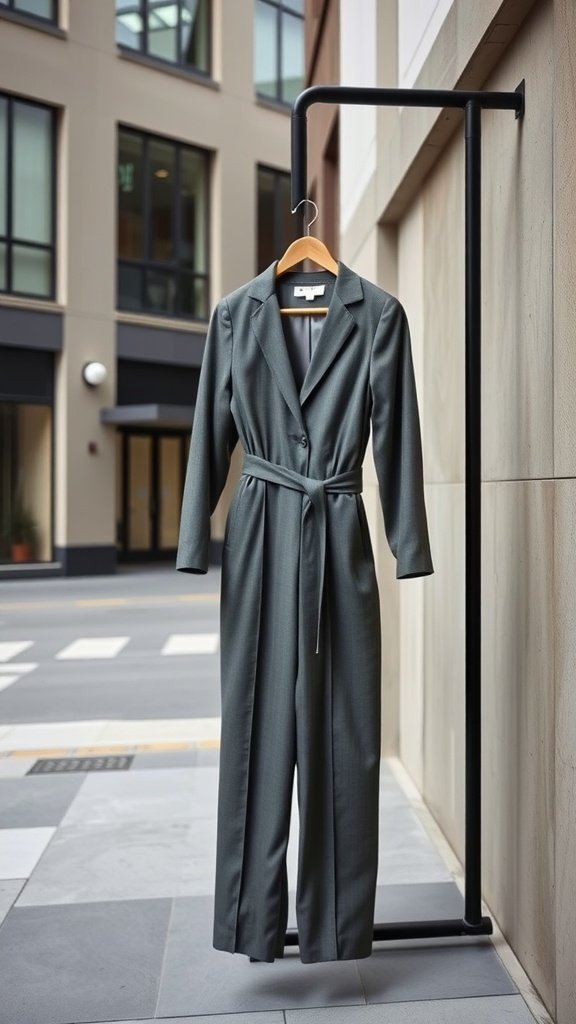 A tailored gray jumpsuit hanging on a rack in an urban setting.