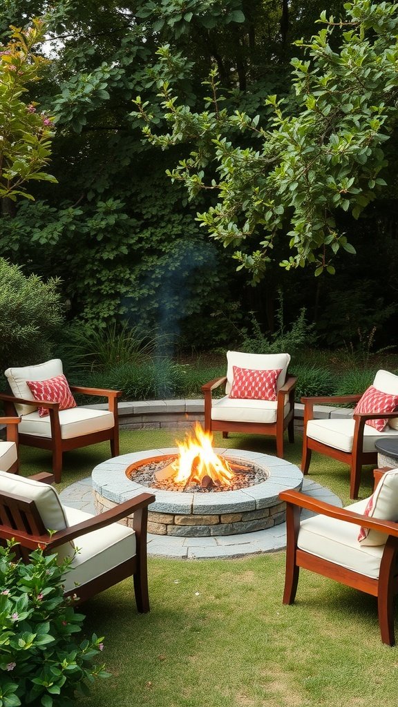 A cozy fire pit surrounded by comfortable chairs in a backyard setting.