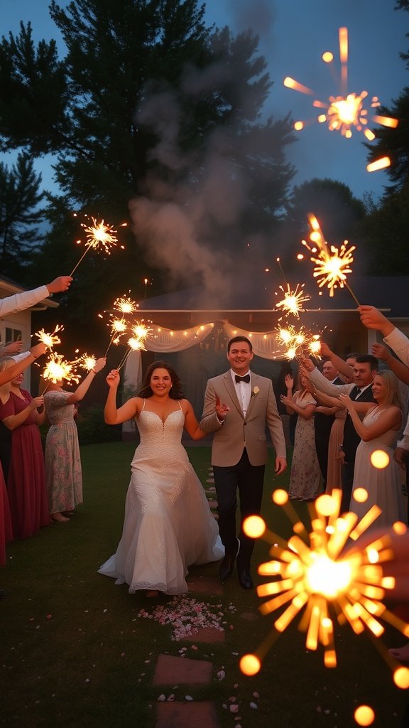 A joyful couple exiting their wedding ceremony surrounded by guests holding sparklers in a backyard setting.