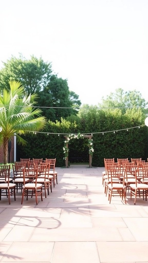 Outdoor wedding seating area with wooden chairs and decorative plants