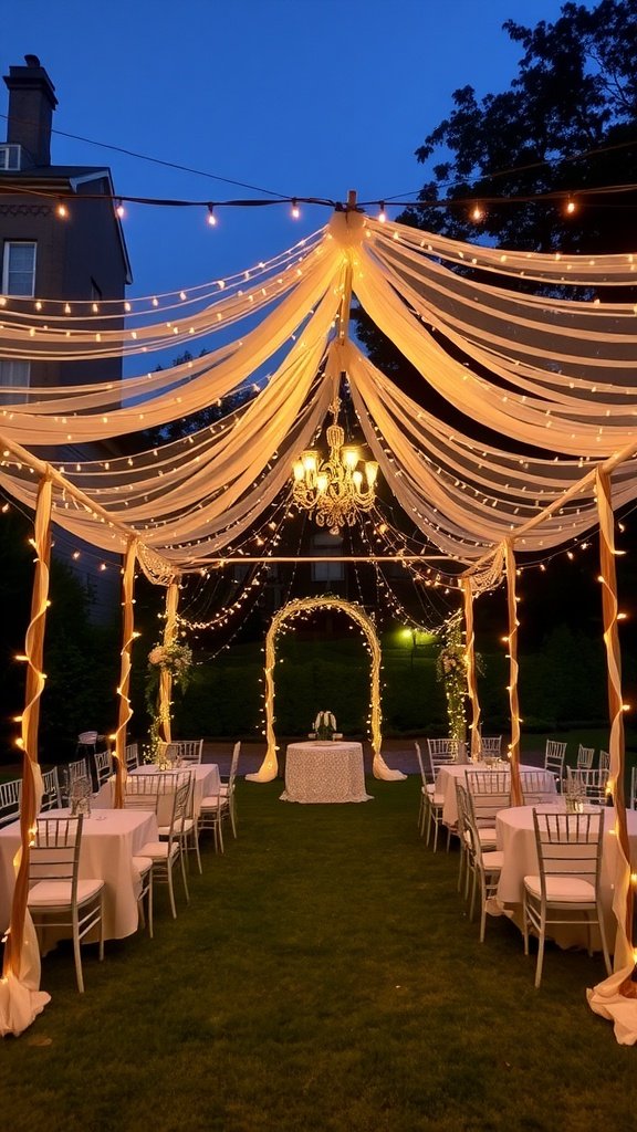 A beautifully decorated backyard wedding setting with a fairy light canopy, elegant tables, and a charming ambiance.