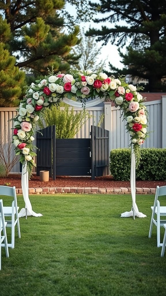 A beautifully decorated ceremony arch with flowers in a backyard setting