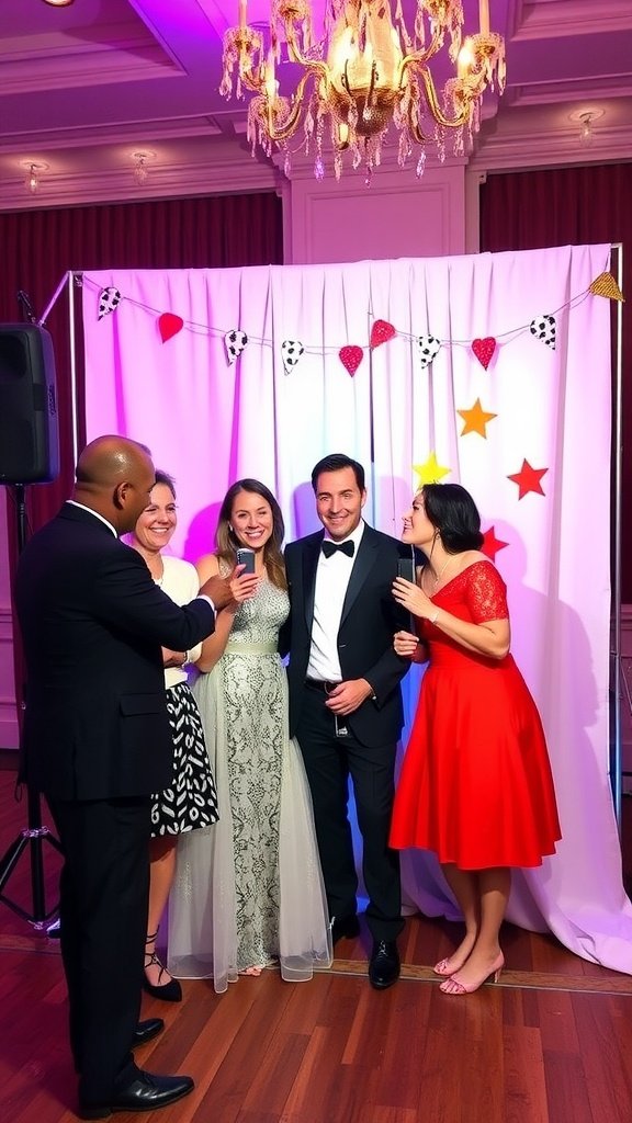 A group of people posing at a wedding photo booth with colorful props and a backdrop.