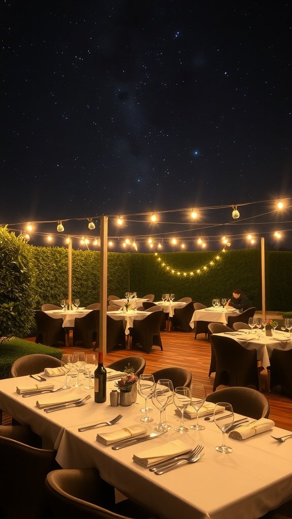 A beautifully arranged outdoor dining setup under string lights at night.