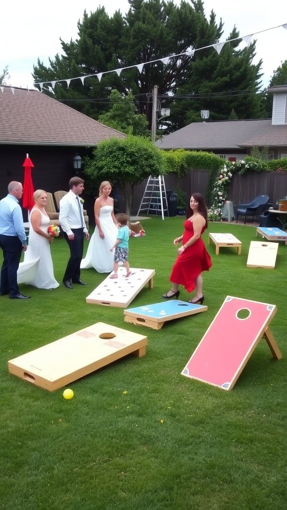 Guests playing lawn games at a backyard wedding