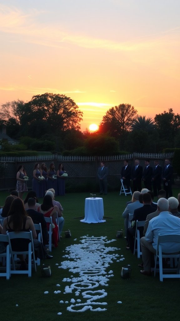 A backyard wedding ceremony set against a sunset backdrop