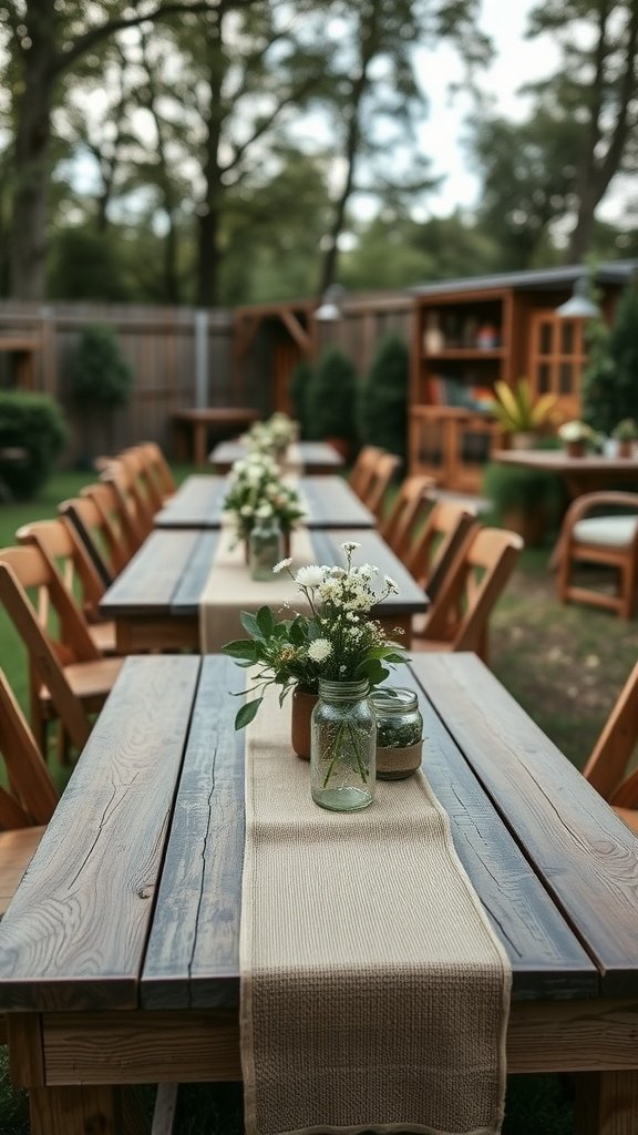 A backyard wedding setup with wooden tables, burlap runners, and mason jar centerpieces featuring flowers.