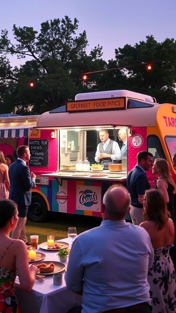 A food truck serving dishes at a backyard wedding with guests enjoying the atmosphere.