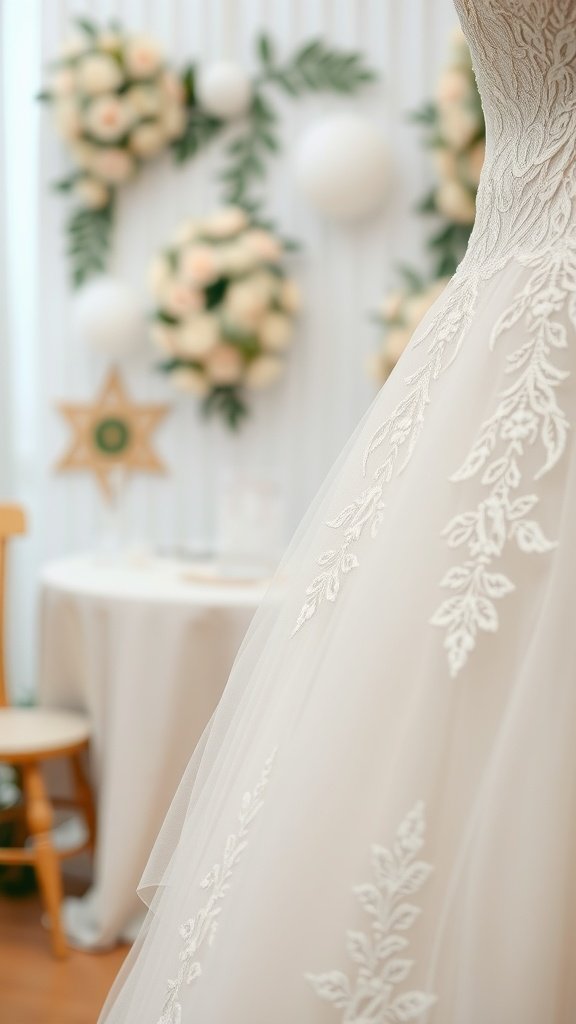 Close-up of a wedding dress with lace details, showcasing its texture and charm.