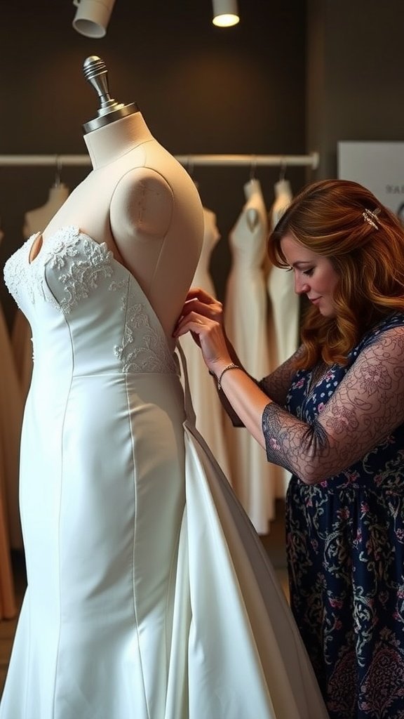 A woman adjusting a wedding dress on a mannequin, focusing on the fit and details.