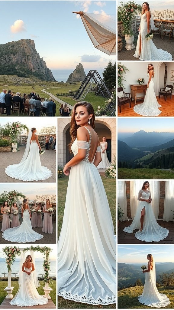Collage of brides wearing chiffon wedding dresses in various scenic outdoor locations.