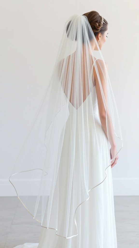 Bride wearing a white chiffon wedding dress with a long, elegant veil.