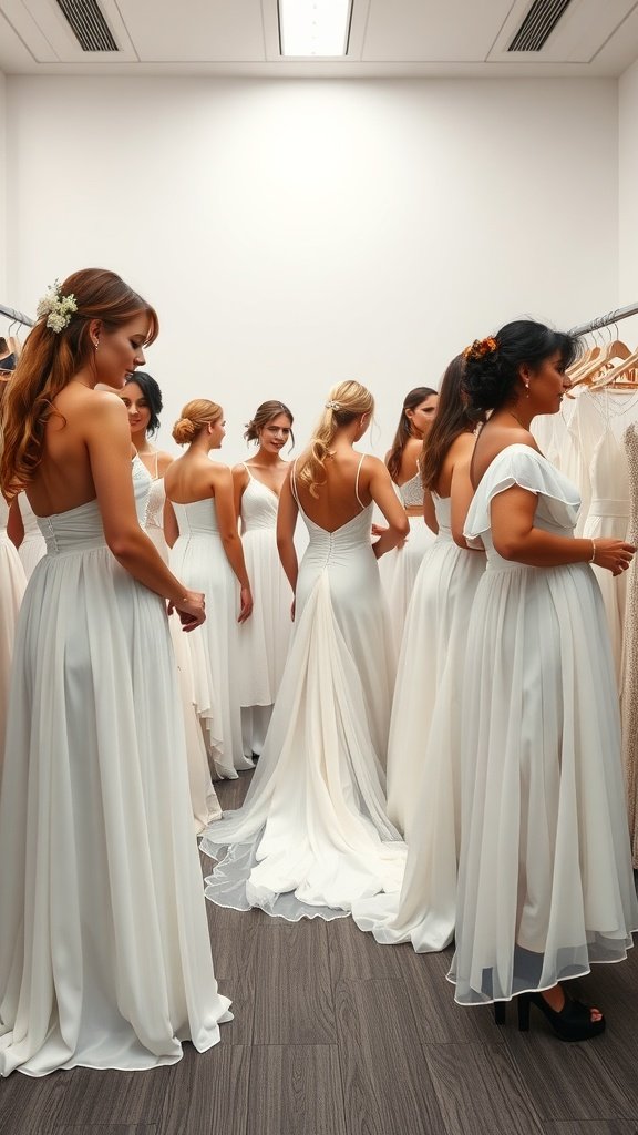 A group of brides trying on white chiffon wedding dresses with V necklines and pleats.