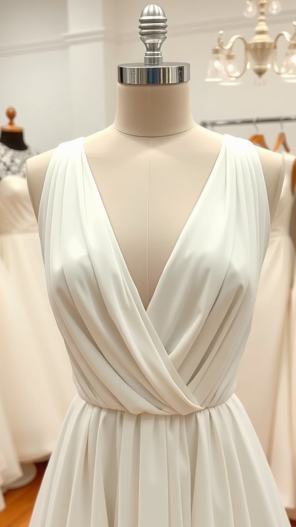 Close-up of a white chiffon wedding dress featuring a V neckline and pleats.