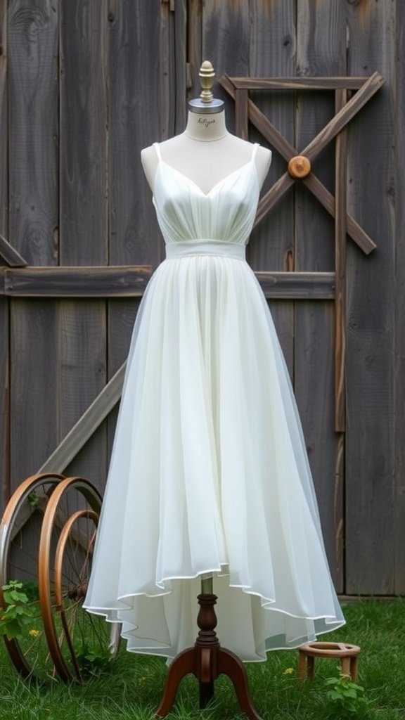 White chiffon wedding dress on mannequin with V neckline and pleats