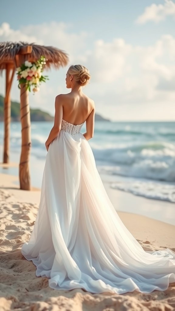 A bride wearing a beautiful white chiffon ball gown on a beach