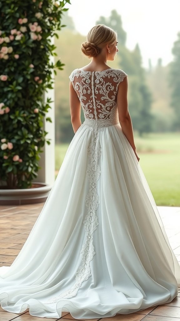 Back view of a princess ball gown wedding dress with lace detailing and flowing chiffon.