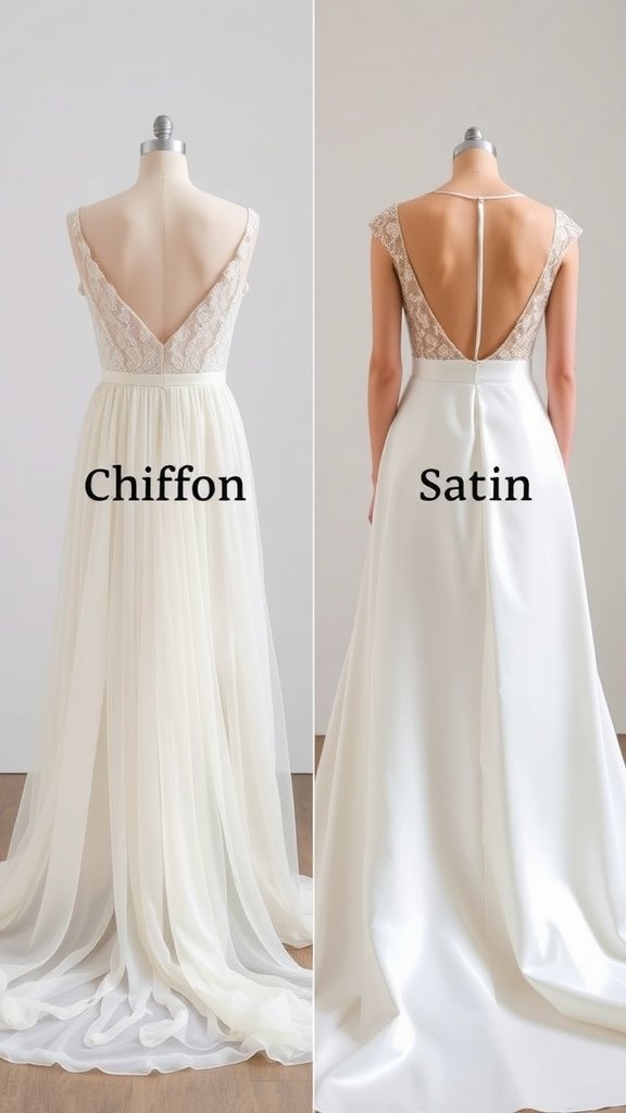 Comparison of wedding dress fabrics: chiffon on the left, satin on the right.