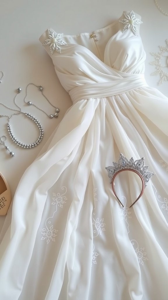 White chiffon wedding dress with accessories including jewelry and a tiara.