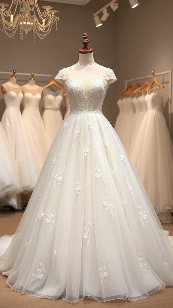 A beautiful white chiffon wedding dress with floral embellishments on display.