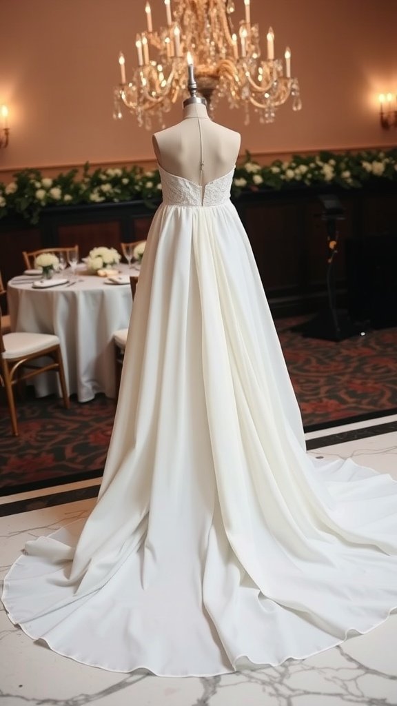 Back view of a princess ball gown wedding dress with a train and pleats.