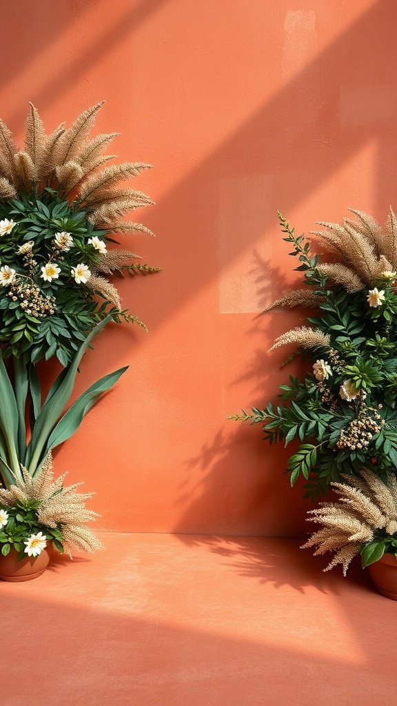Terracotta wall with greenery and floral arrangements for a wedding backdrop