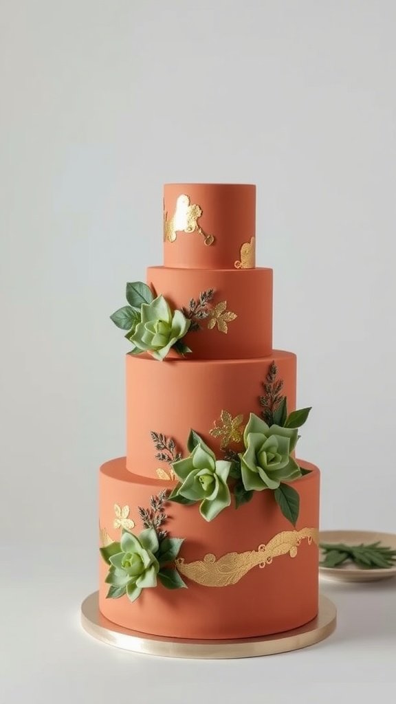 Three-tiered terracotta wedding cake with fresh greenery and gold decorations.