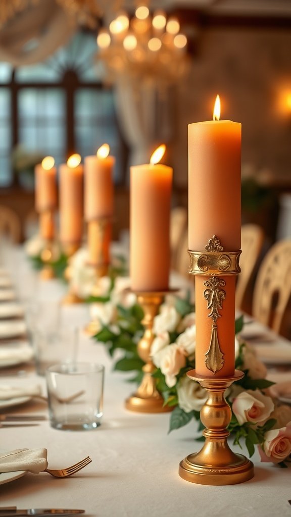 A beautifully set table featuring terracotta candles in gold holders surrounded by flowers.