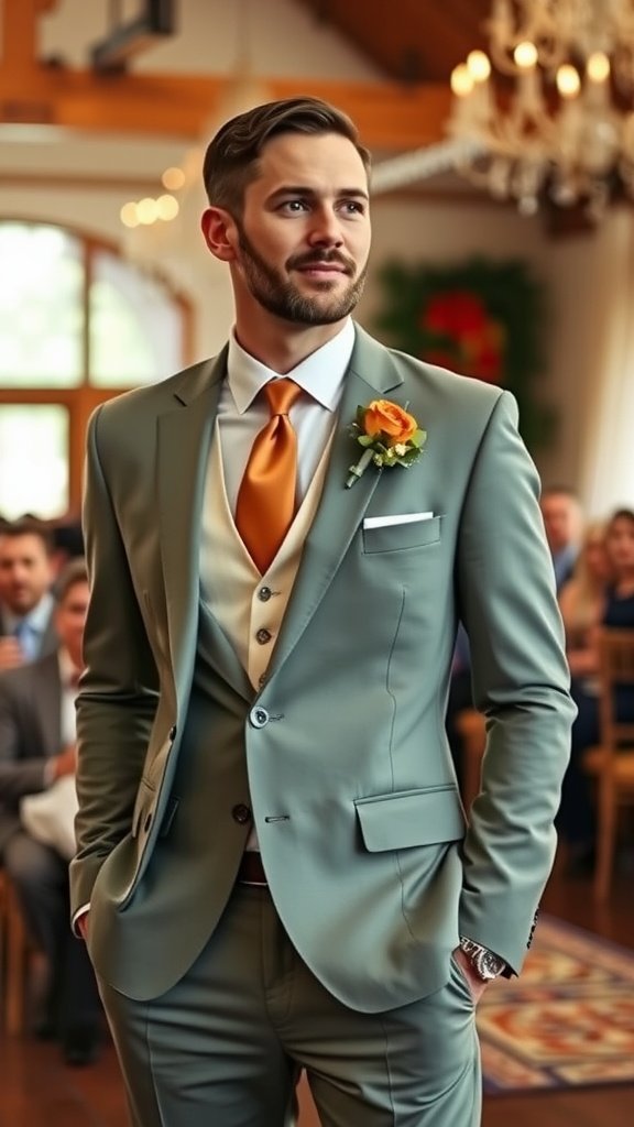 Groom in sage green suit with terracotta tie and floral boutonniere