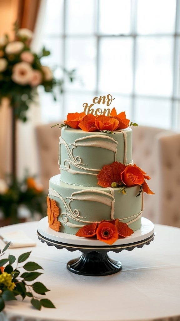 Sage green two-tiered groom's cake decorated with orange flowers and gold details