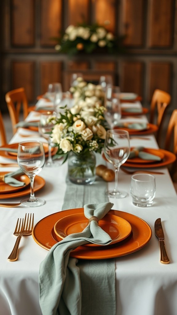 Elegant wedding table setting featuring terracotta plates, sage napkins, and gold utensils