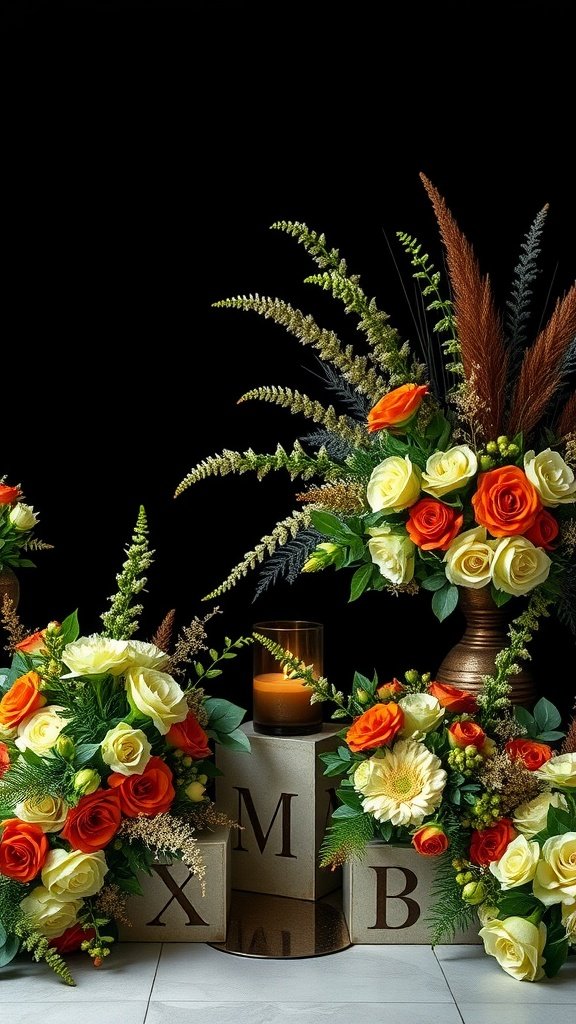 Sage green floral arrangements with orange and white flowers in vases.