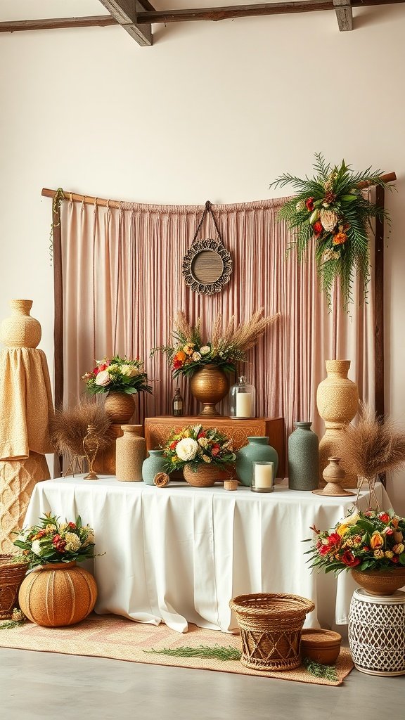 Bohemian wedding decor featuring terracotta and sage elements with gold accents.