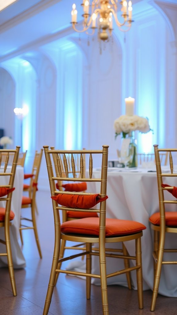 Chivari chairs with terracotta cushions set up for a wedding reception.