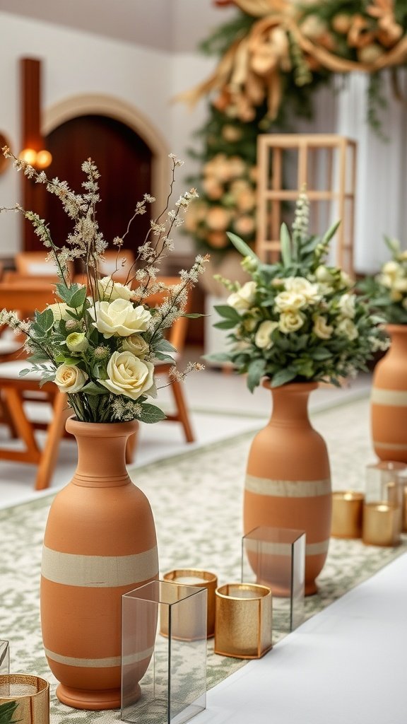 Ceremony decor featuring terracotta vases with flowers and gold place settings